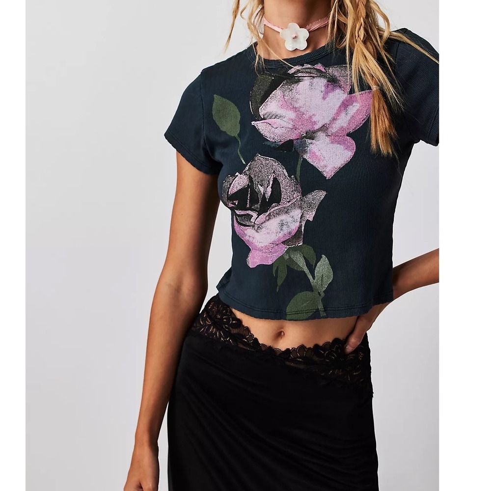 Daydreamer Rose Pointelle Tee Ribbed Crop Babydoll Top Short Sleeve - XSmall